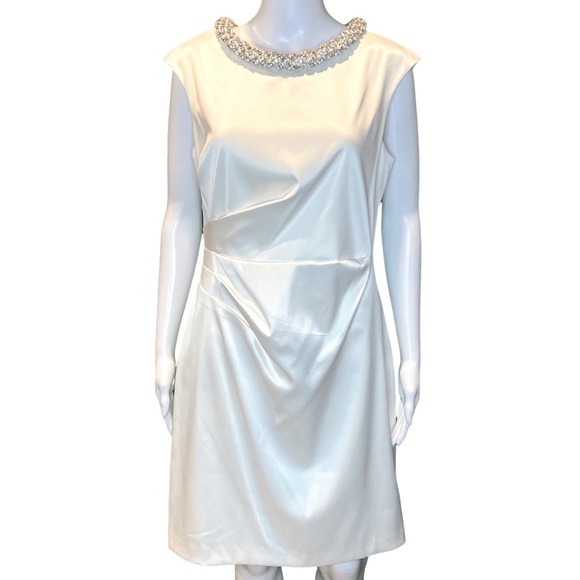 DB Studio Ivory Satin Cap Sleeve Pearl and Crystal Neckline Dress - Sz 12 - Picture 4 of 8